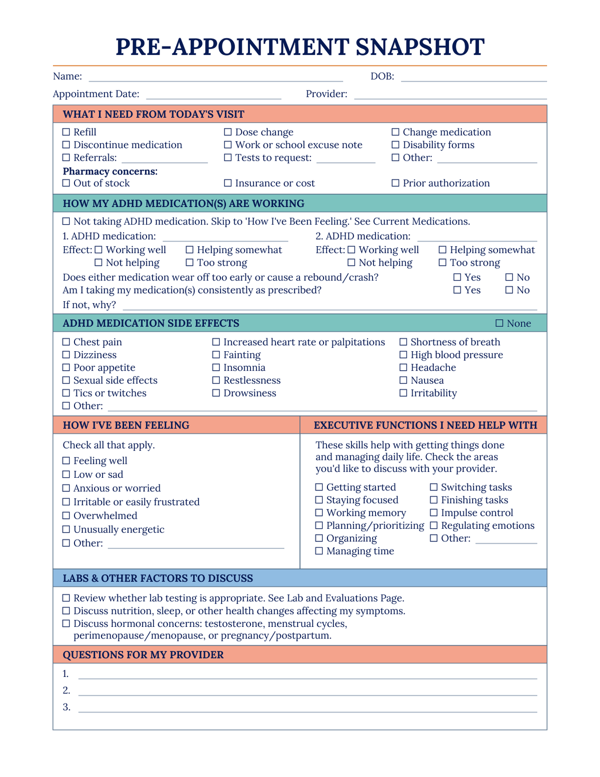 Approved Pre-Appointment Snapshot from the CognaAura Adult ADHD Toolkit, with Pharmacy concerns, joined sections, and a coral Questions for My Provider section.
